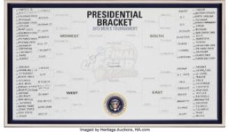 It is expected that President Obama's signed NCAA tournament bracket from 2013 will be sold for $20,000 in an auction.