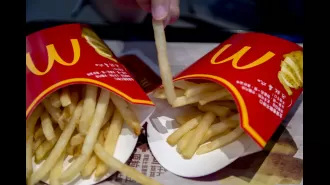 The person considers which size of McDonald's French fries would be the best to purchase.
