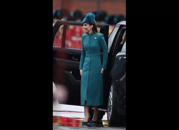 At the St Patrick's Day parade, Kate Middleton and Prince William made a stylish appearance, with Kate wearing a stunning turquoise coat from Catherine Walker.