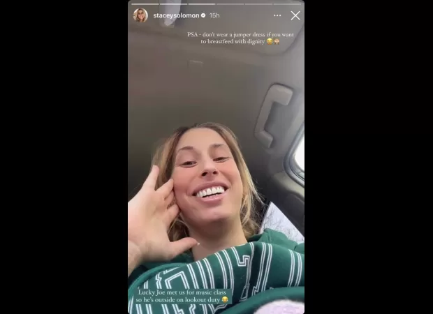 Stacey Solomon had a wardrobe malfunction while breastfeeding in her car, leaving her feeling exposed.