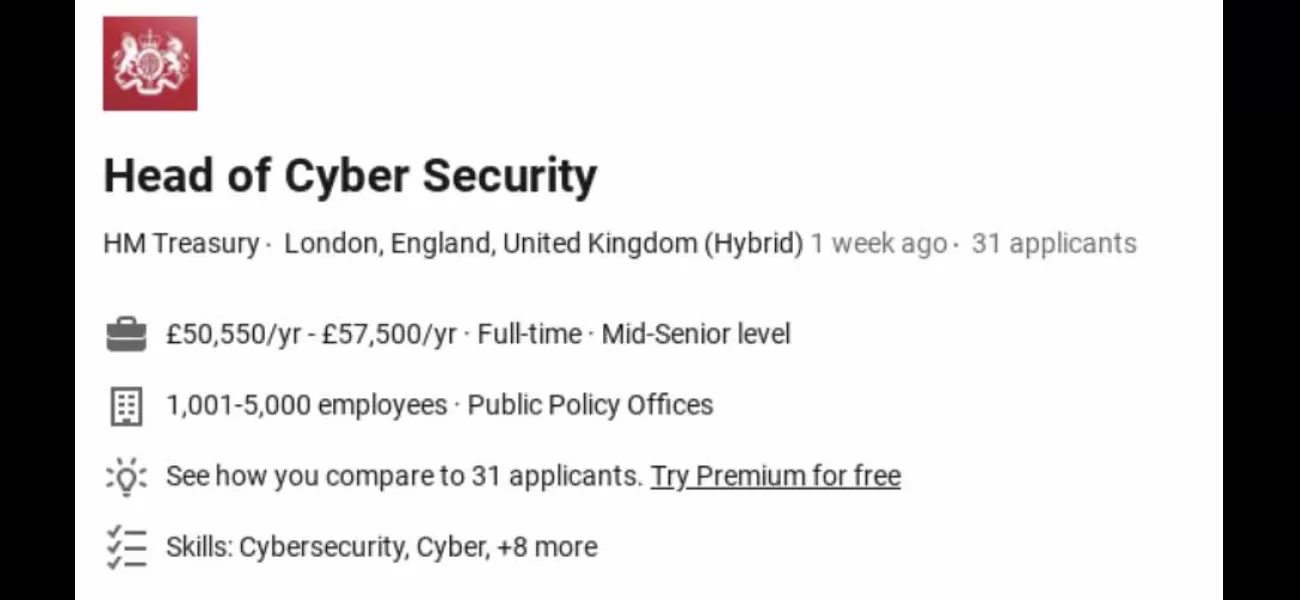 Treasury criticized for offering a cyber security head job with a low salary.