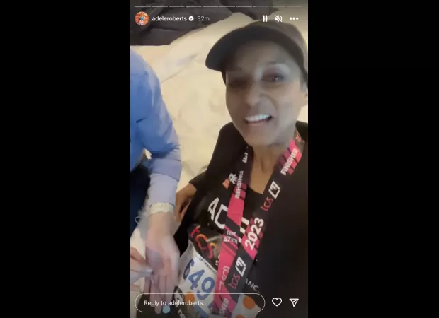 Adele is overjoyed after finishing the marathon, despite having a stoma bag Audrey along for the ride!