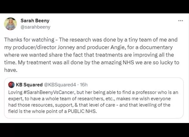 Sarah responds to criticism that her cancer treatment was favored due to her fame.