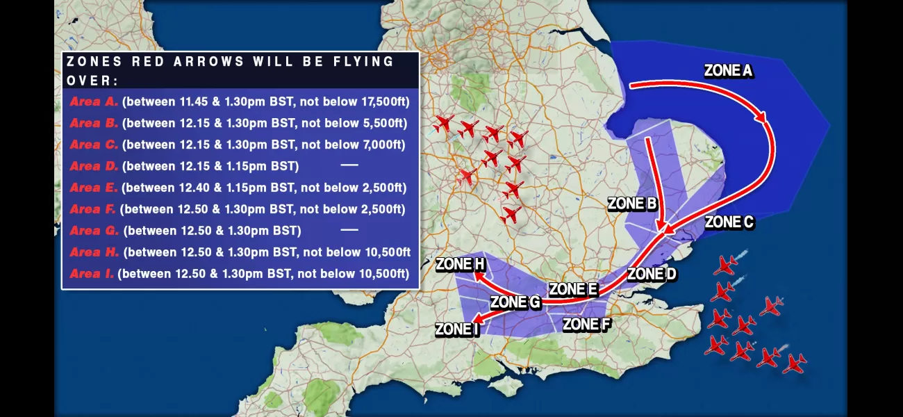 Map displays flight path and times of Red Arrows for 2023 Trooping of the Colour ceremony.