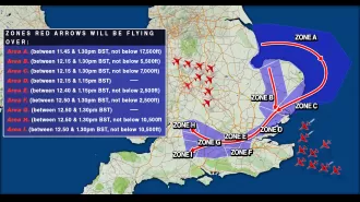 Map displays flight path and times of Red Arrows for 2023 Trooping of the Colour ceremony.