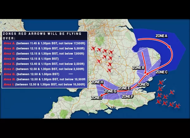 Map displays flight path and times of Red Arrows for 2023 Trooping of the Colour ceremony.