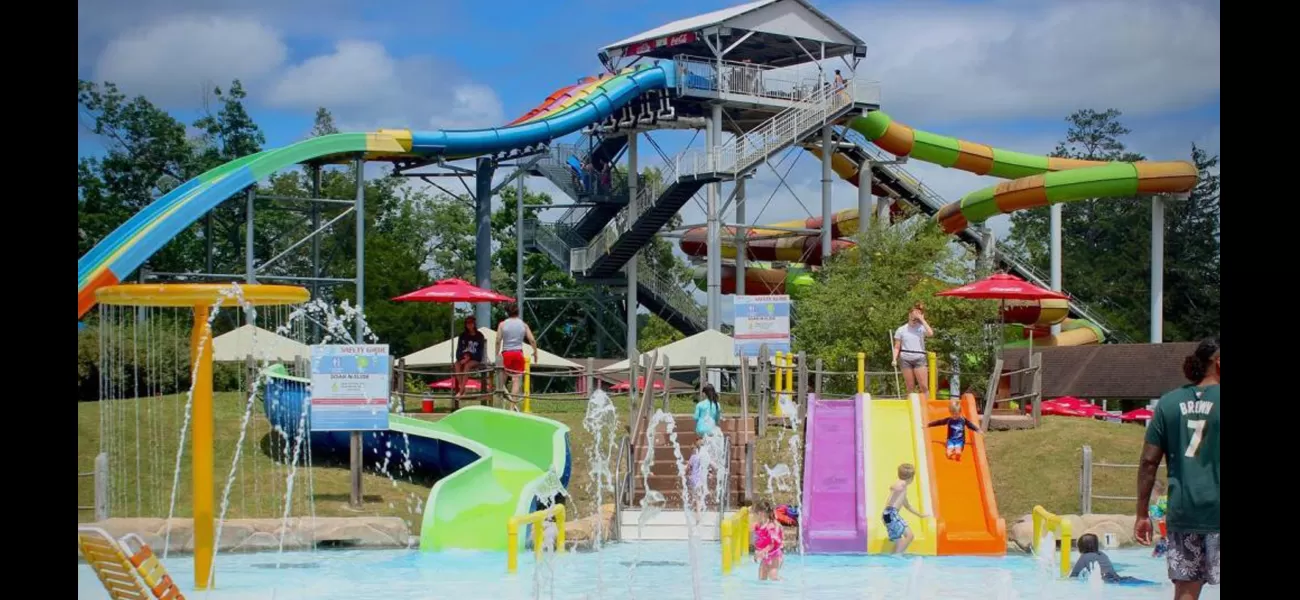 Boy, 5, soars off water slide at amusement park for thrilling ride.