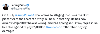 Man who made false claims about Jeremy Vine being a BBC presenter settles with £1000 donation to charity.