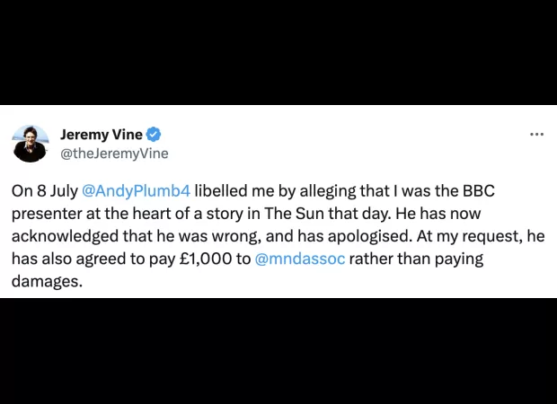 Man who made false claims about Jeremy Vine being a BBC presenter settles with £1000 donation to charity.