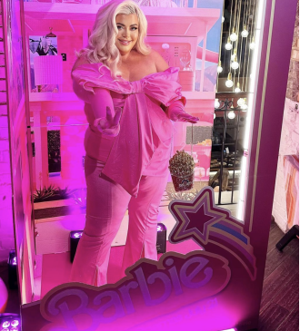 Gemma Collins rocks the Barbiecore look with a glamorous pink jumpsuit to mark the movie launch.