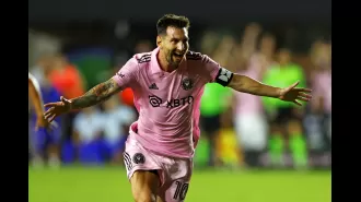 Messi celebrates scoring an amazing goal in his first game with Inter Miami.