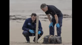 Youths comb coast of Ireland after cocaine washes up on beach.