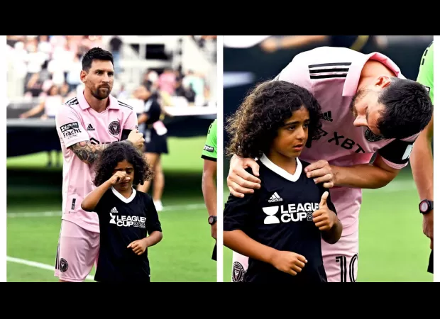 Lionel Messi comforts DJ Khaled's son, who was crying before his first game for Inter Miami.