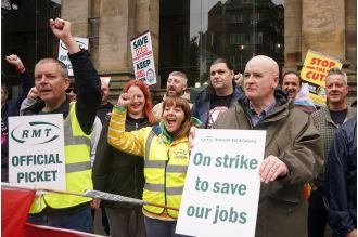 Rail workers strike, causing disruption for train passengers.