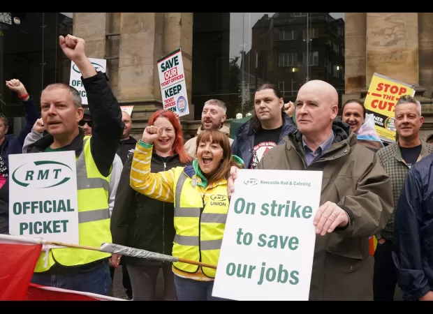Rail workers strike, causing disruption for train passengers.