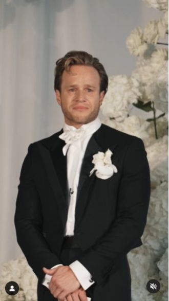 Olly Murs is overcome with emotion as he sees his wife Amelia for the first time on their wedding day, captured in a beautiful video.