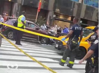 Ten people hurt after stolen car drives onto NYC sidewalk.