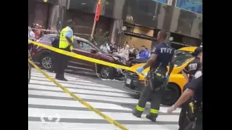 Ten people hurt after stolen car drives onto NYC sidewalk.
