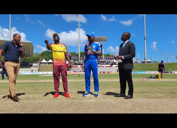 India bowlers restrict West Indies to 149/6 in 1st T20I in Trinidad.