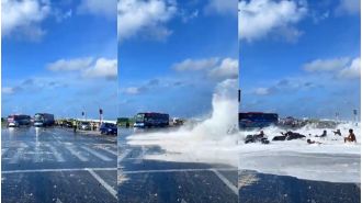 Motorists swept away by sudden high tide wave near Sinamale Bridge in Maldives.