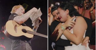 Ed Sheeran stops concert to help couple announce gender of their baby, praising their 