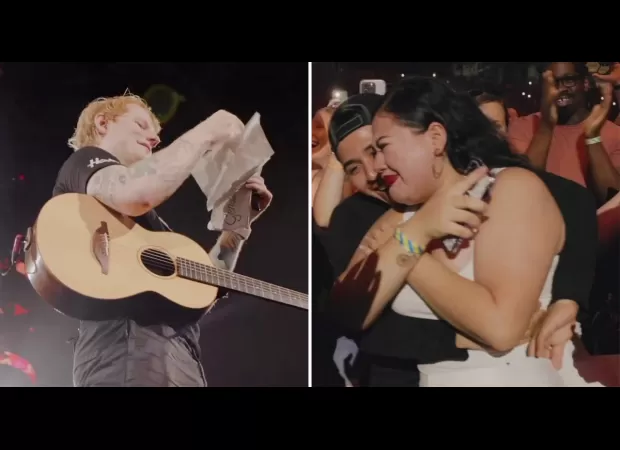 Ed Sheeran stops concert to help couple announce gender of their baby, praising their 