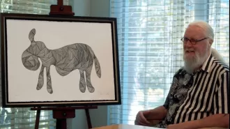Sir Billy Connolly, 80, unveils epic new artwork worth thousands in a very rare appearance.
