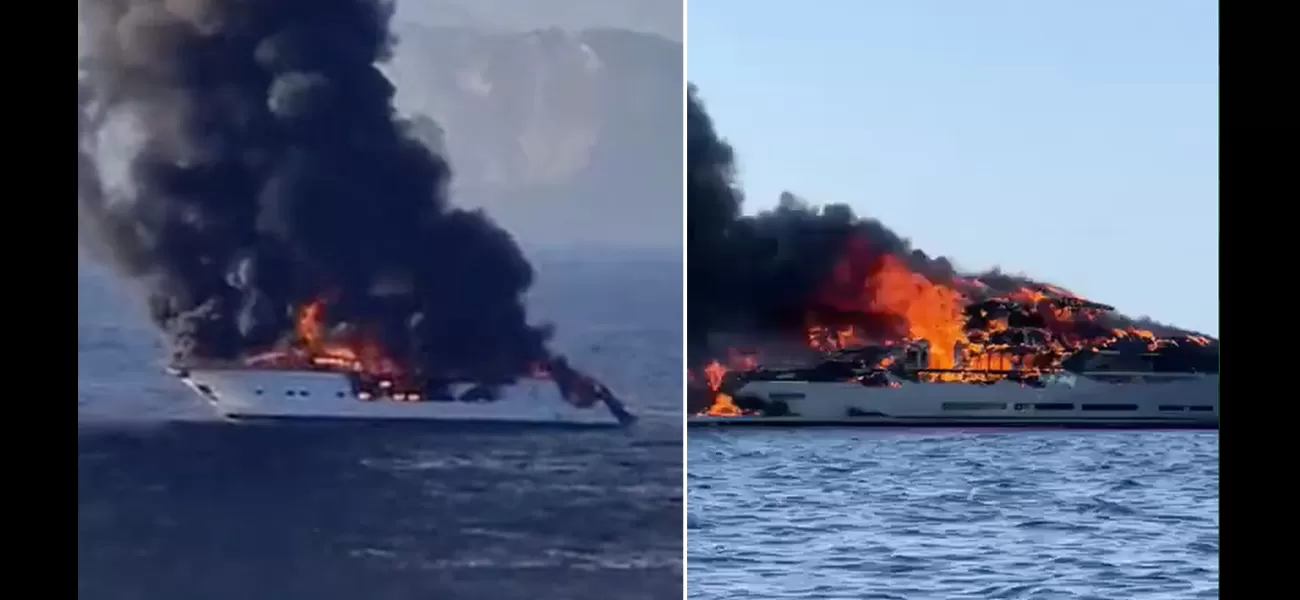Yacht catches fire off Spanish coast, engulfed in flames.