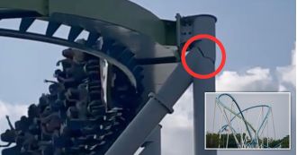 Rollercoaster reopens with large crack in track, riders still go by at high speed.