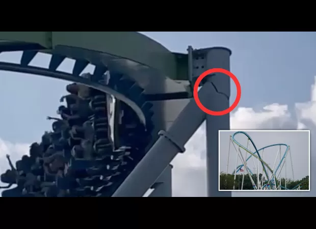 Rollercoaster reopens with large crack in track, riders still go by at high speed.