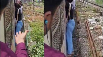 Girl risks life by hanging onto a Mumbai local train amid a crowded journey, netizens react with shock and fear.