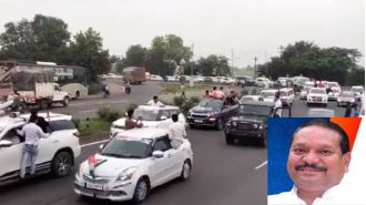 Ex-Scindia loyalist Samandar Patel leaves in massive convoy of 1200 cars to return to Congress in Bhopal.