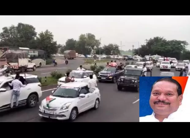 Ex-Scindia loyalist Samandar Patel leaves in massive convoy of 1200 cars to return to Congress in Bhopal.