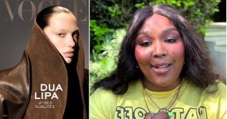 Dua Lipa stands up for her night out with Lizzo while flaunting a fashionable power suit in Vogue photoshoot.