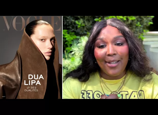 Dua Lipa stands up for her night out with Lizzo while flaunting a fashionable power suit in Vogue photoshoot.