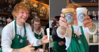 Ed Sheeran works at Starbucks, causing chaos by mispronouncing customers' names.
