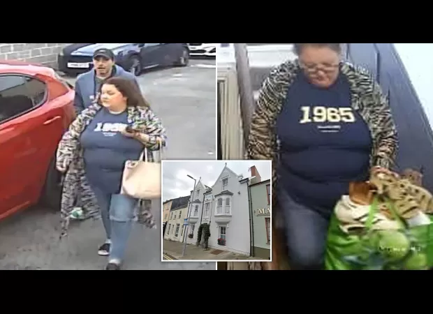 Couple grins as they grab everything in the hotel room and flee.