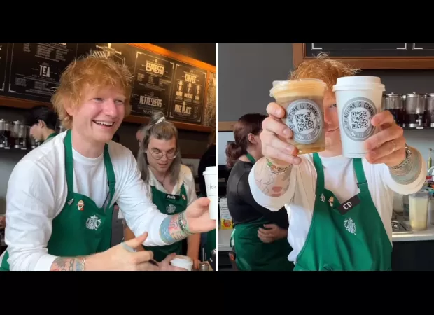 Ed Sheeran works at Starbucks, causing chaos by mispronouncing customers' names.