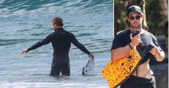 Chris Hemsworth, 40, shows off his toned V-line while getting ready to go surfing in Byron Bay.