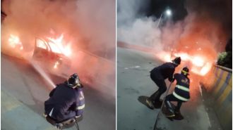 7 people safely evacuated after car catches fire on Mumbra Bypass Road; visuals of incident shared online.