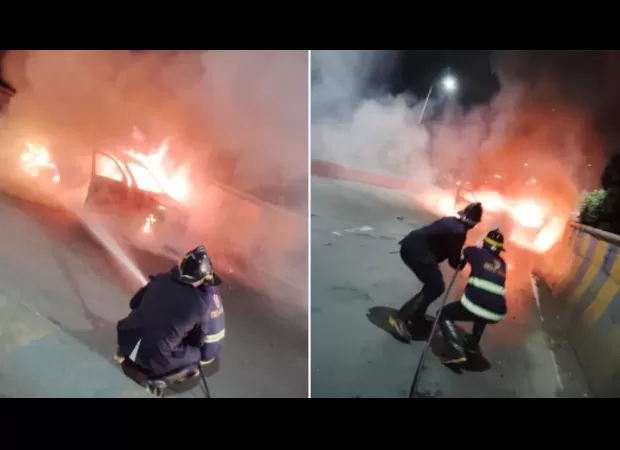 7 people safely evacuated after car catches fire on Mumbra Bypass Road; visuals of incident shared online.