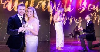 Amy Hart announces engagement to Sam Rason after romantic theatre proposal.