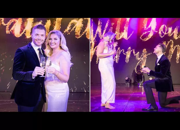 Amy Hart announces engagement to Sam Rason after romantic theatre proposal.