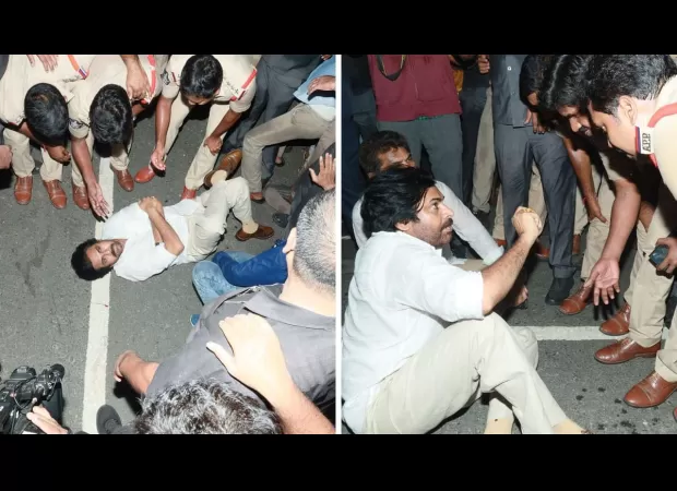 JSP Chief Pawan Kalyan stopped at A.P.-T. border, lays down in protest, workers join in support (WATCH).