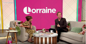 Lorraine apologizes for using multiple swears while giddily interviewing Damian Lewis, finding the whole thing humorous.