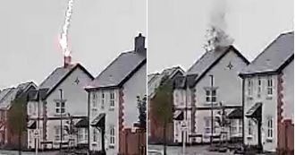 Couple narrowly escapes as lightning bolt destroys their roof just after they leave.
