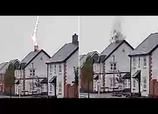 Couple narrowly escapes as lightning bolt destroys their roof just after they leave.