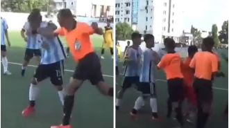 Players and referee clash violently during a Tripura State League fixture; video of the incident goes viral.