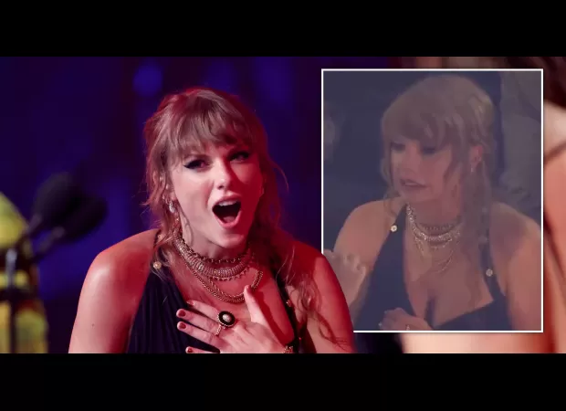 Taylor Swift's face shows her surprise when her $12,000 ring breaks at the VMAs.
