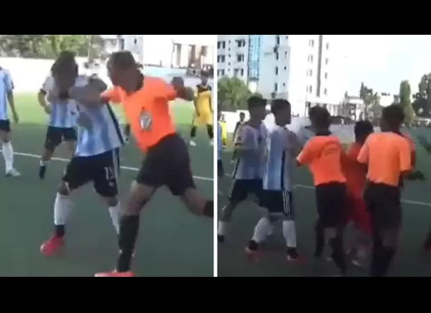 Players and referee clash violently during a Tripura State League fixture; video of the incident goes viral.